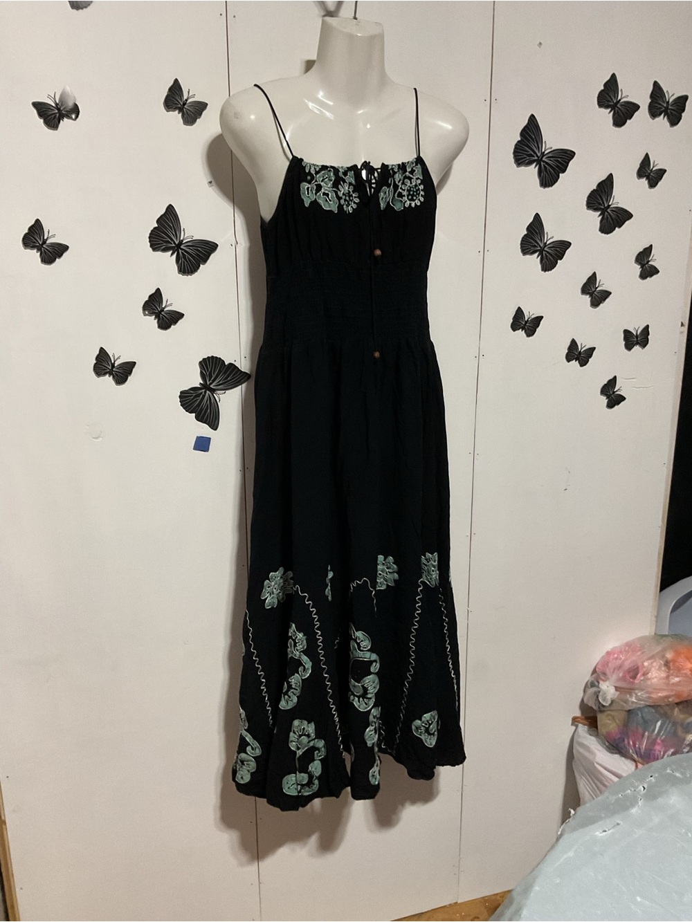 Black Spaghetti Strap Dress with Green Embroidery